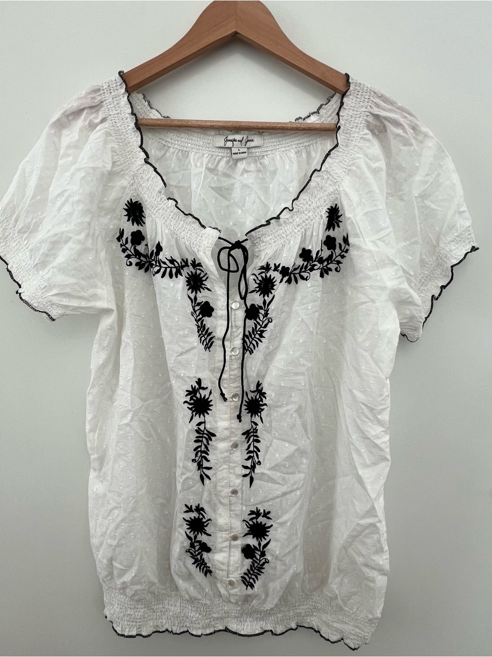 Jennifer & Grace White Embroidered Cotton Boho Blouse Top Coastal Resort Size L